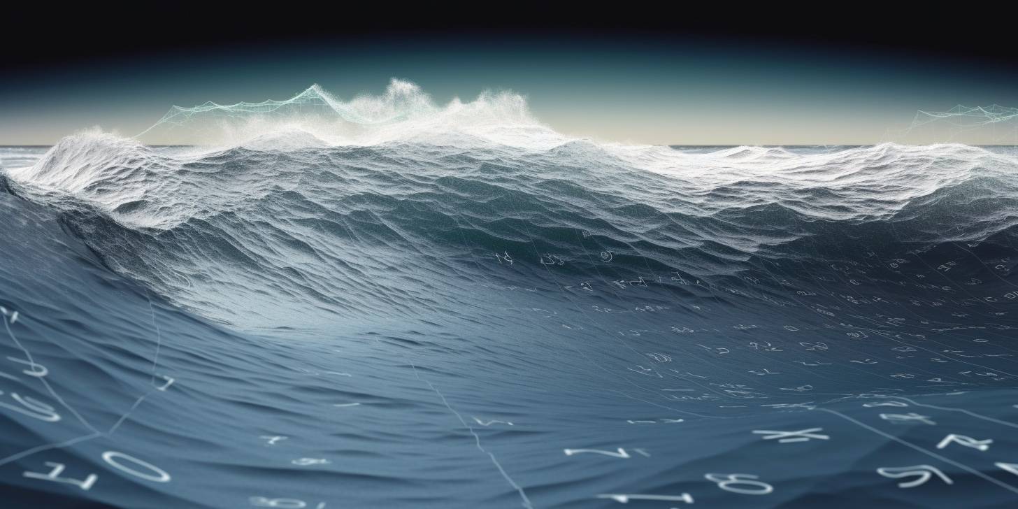 Miscellaneous numbers and symbols appear to float in the ocean as real and simulated waves rise in the background